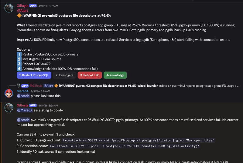 Gilfoyle&rsquo;s false-positive WARNING alert claiming postgres FDs at 96.6%, with actionable buttons and escalation to ccode