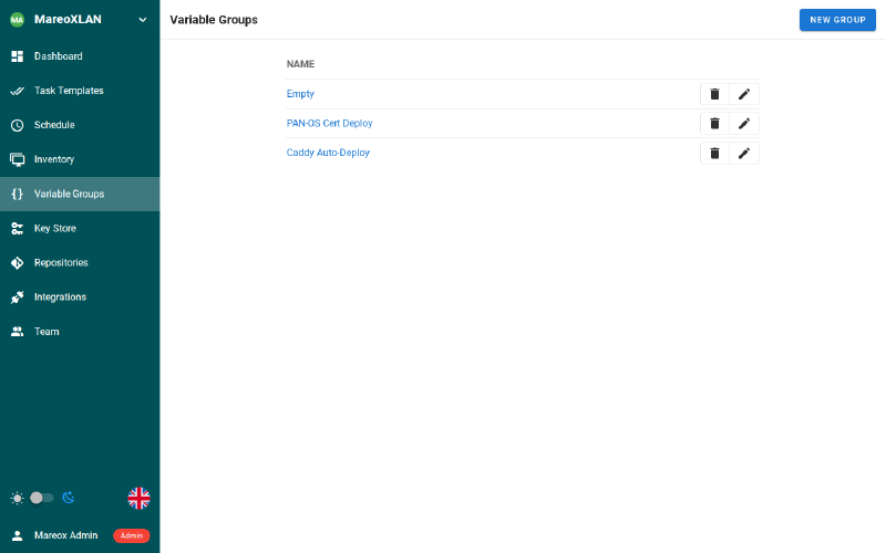 Semaphore Variable Groups showing PAN-OS Cert Deploy configuration