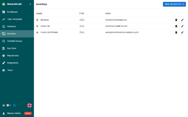Semaphore inventory configuration showing the Homelab inventory file