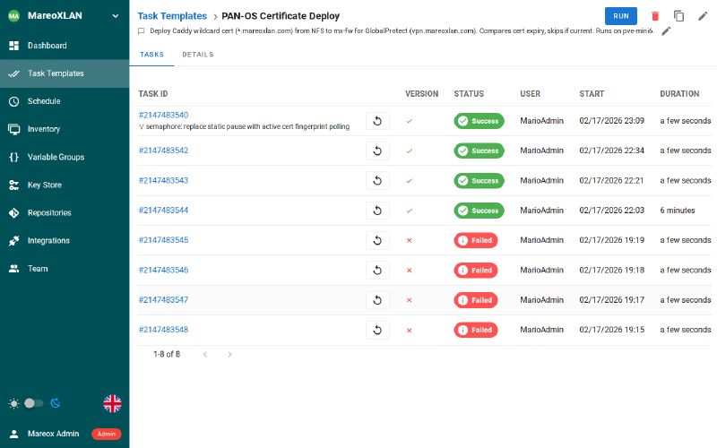 Semaphore template detail showing PAN-OS Certificate Deploy with task history