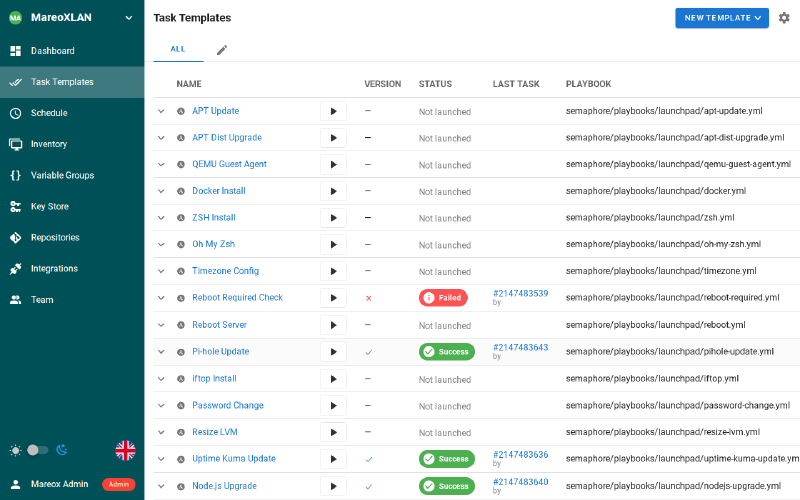 Semaphore task templates list showing all automation playbooks