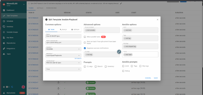 Semaphore edit template dialog showing the User-ID DHCP Sync configuration
