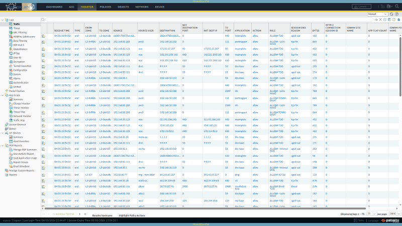 PAN-OS traffic logs showing device names in the Source User column