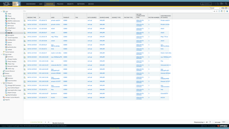 PAN-OS User-ID ip-user-mapping table showing 124 device mappings