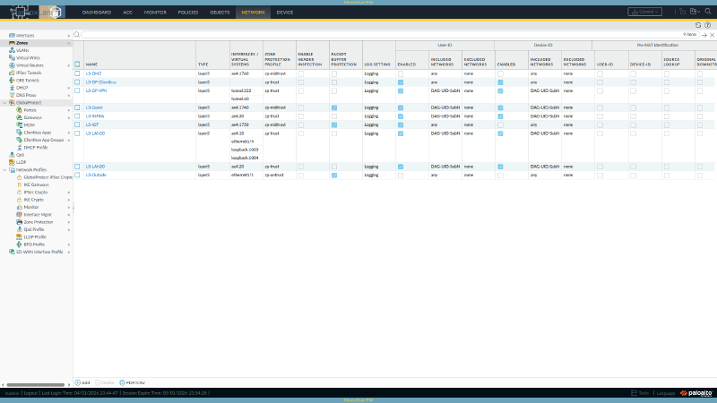 PAN-OS zone configuration showing User Identification enabled on internal zones